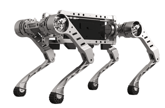 Black Panther X open-frame quadruped robot viewed from the left front