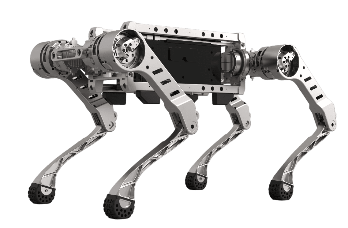 Black Panther X open-frame quadruped robot viewed from the left front