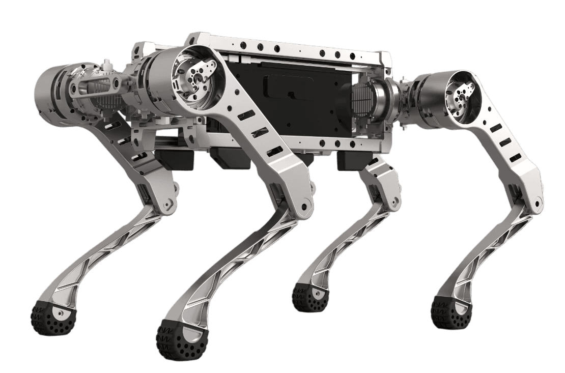 Black Panther X open-frame quadruped robot viewed from the right front