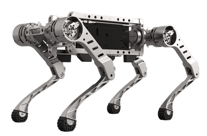 Black Panther X open-frame quadruped robot viewed from the right front